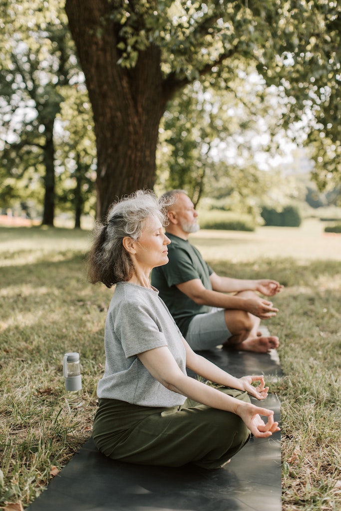 An older couple doing yoga outdoors