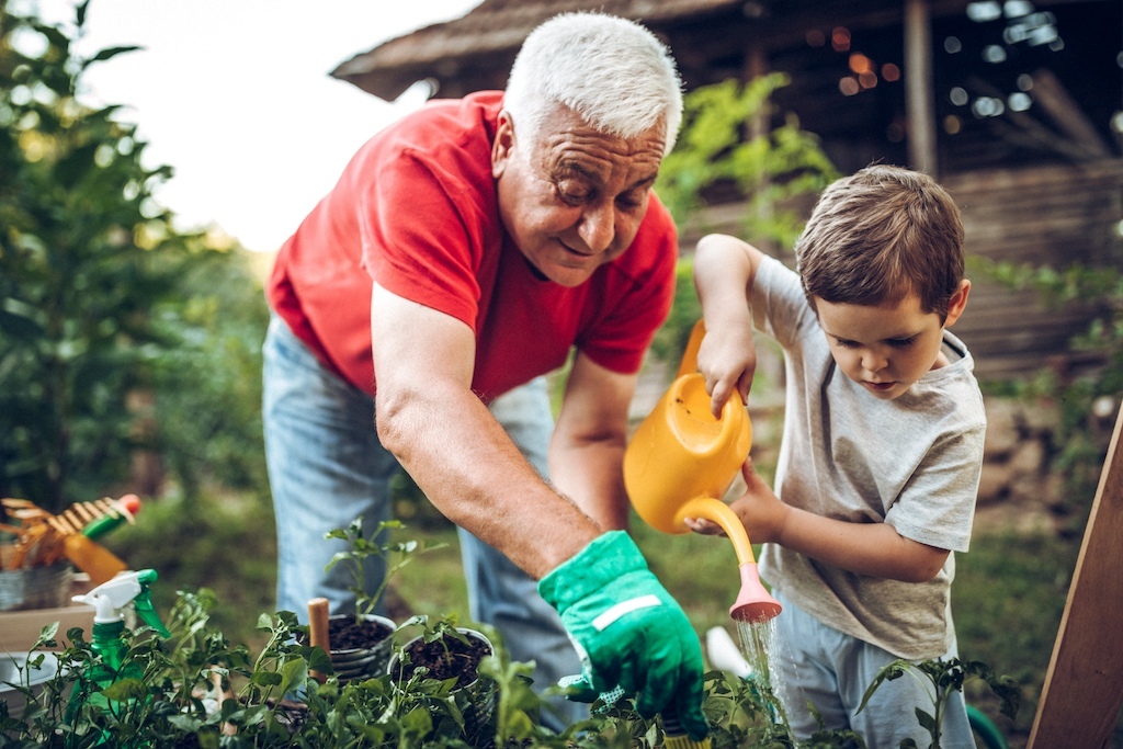 A grandfather receives gardening assistance from his grandson