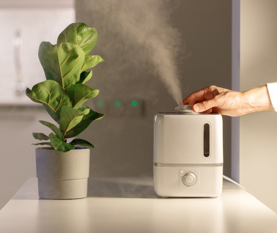 Caregiver turning on humidifier in home to help reduce dry air conditions.